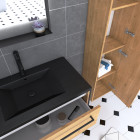 Pack meuble de salle de bain 80x50cm chêne brun - 2 tiroirs chêne brun - vasque résine noire effet pierre - miroir led noir mat et colonne chêne brun - structura p107 Aurlane - PACM107