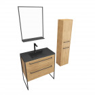 Pack meuble de salle de bain 80x50cm chene brun - 2 tiroirs chene brun - vasque resine noire Aurlane - PACM108
