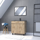 Meuble salle de bain 80x80 cm - finition chene naturel + vasque noire + miroir - timber 80 - pack05 Aurlane - PACM215
