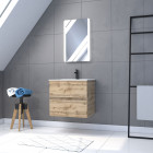 Meuble salle de bain 60x54 - finition chene naturel + vasque blanche + miroir led - timber 60 - pack10