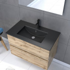 Meuble salle de bain 80x54 - finition chene naturel + vasque noire + miroir led - timber 80 - pack12 Aurlane - PACM222