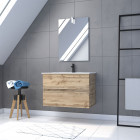 Meuble salle de bain 80x54 - finition chene naturel + vasque blanche + miroir led - timber 80 - pack37