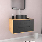 Meuble de salle de bain - 80x45x53cm finition chêne naturel + 2 tiroirs noir mat + vasque noir mat Aurlane - PACM259