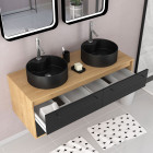 Meuble de salle de bains 120 cm_2 vasques rondes_2 miroirs led - chêne naturel et noir mat - uby Aurlane - PACM279