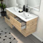 Meuble salle de bains 120cm 4 tiroirs chêne industriel + vasque blanche et miroirs avec appliques led Aurlane - PACM303