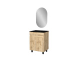 Meuble salle de bains 60cm 2 portes chêne industriel + vasque noire et miroir ovale Aurlane - PACM306