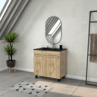 Meuble salle de bains 80cm 2 portes chêne industriel + vasque noire et miroir ovale Aurlane - PACM307