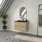 Meuble salle de bains 80cm 2 tiroirs chêne industriel + vasque noire et miroir ovale Aurlane - PACM310