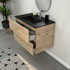 Meuble salle de bains 80cm 2 tiroirs chêne industriel + vasque noire et miroir ovale Aurlane - PACM310