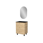 Meuble salle de bains 60cm 3 tiroirs chêne industriel + vasque noire et miroir ovale Aurlane - PACM312