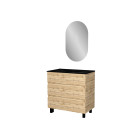 Meuble salle de bains 80cm 3 tiroirs chêne industriel + vasque noire et miroir ovale Aurlane - PACM313