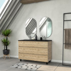 Meuble salle de bains 120cm 6 tiroirs chêne industriel + vasque noire et miroirs ovales Aurlane - PACM314