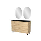 Meuble salle de bains 120cm 6 tiroirs chêne industriel + vasque noire et miroirs ovales Aurlane - PACM314