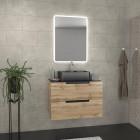 Meuble salle de bains 80cm 2 tiroirs finition chêne et noir - vasque noire - miroir led - omega