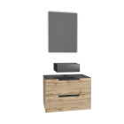 Meuble salle de bains 80 cm 2 tiroirs - chêne et noir - vasque carrée - miroir led - omega Aurlane - PACM369