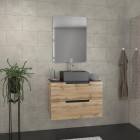 Meuble salle de bains 80 cm 2 tiroirs - chêne et noir - vasque carrée - miroir 60x80 - omega