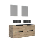 Meuble salle de bains 120cm chêne et noir, vasques rondes ø41cm et miroirs led 40x60 - omega Aurlane - PACM459