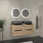 Meuble salle de bains 120cm chêne et noir, vasques rectangulaires et miroirs led ø50cm - omega