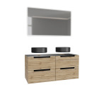Meuble salle de bains 120cm chêne et noir, vasques rondes ø36cm et miroir led 120x70 - omega Aurlane - PACM577