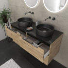 Meuble salle de bains 120cm chêne et noir, vasques rondes ø36cm et miroirs led ø50cm - omega Aurlane - PACM578