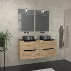 Meuble salle de bains 120cm chêne et noir, vasques rondes ø36 & miroirs avec appliques 55x75 - omega Aurlane - PACM599