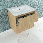 Pack meuble salle de bains 60cm chêne clair 2 tiroirs, vasque, miroir 60x80 à leds intégrées - xenos Aurlane - PACM616