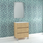 Pack meuble salle de bains 60cm chêne clair 3 tiroirs, vasque, miroir 60x80 et réglette led - xenos