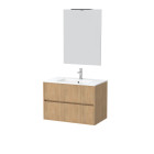 Pack meuble salle de bains 80cm chêne clair 2 tiroirs, vasque, miroir 60x80 et réglette led - xenos Aurlane - PACM627