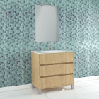 Pack meuble salle de bains 80cm chêne clair 3 tiroirs, vasque, miroir 60x80 et réglette led - xenos