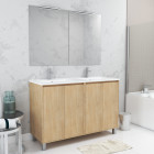 Meuble salle de bains 120 cm chêne clair 4 portes, vasque, miroirs 60x80 et réglettes led - xenos