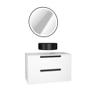 Meuble salle de bains 80cm blanc laqué 2 tiroirs - vasque noire ø36cm et miroir rond black led - jazz Aurlane - PACM649