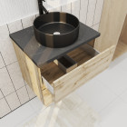 Meuble salle de bains 60cm chêne naturel 2 tiroirs plan en bois effet marbre noir + vasque ronde noire Aurlane - PACM673