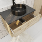 Meuble salle de bains 80cm chêne naturel 2 tiroirs plan en bois effet marbre noir + vasque ronde noire