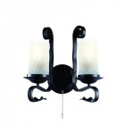 Applique 2 ampoules scroll, en fer forgé noir et verre craquelé