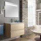 Meuble de salle de bain simple vasque - 2 tiroirs - balea et miroir led stam - bambou (chêne clair) - 100cm