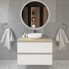 Meuble de salle de bain 2 tiroirs avec vasque à poser arrondie balea et miroir rond led solen - blanc - 70cm