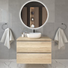Meuble de salle de bain 2 tiroirs avec cuve arrondie BALEA et miroir rond Led SOLEN - Bambou (chêne clair) - 80cm