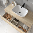 Meuble de salle de bain avec vasque à poser arrondie balea et miroir led stam - bambou (chêne clair) - 100cm