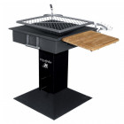 Barbecue à charbon de bois grille inox carrée rotative 50 x 50 cm tablette bois et crochets