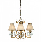 Chandelier oksana, laiton antique, gouttes cristal, 3 abat-jours beiges