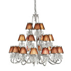 Chandelier oksana, nickel poli, pampilles cristal, 21 abat-jours chocolat