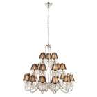 Chandelier oksana, nickel poli, pampilles cristal, 21 abat-jours noirs