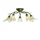 Plafonnier 5 ampoules lily, en laiton antique et verre ambre
