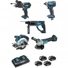 Ensemble de 5 machines MAKITA 18V Li-Ion 5.0 Ah - Perfo-burineur + Visseuse + Perceuse à percussion + Meuleuse + Scie circulaire - DLX5039PTJ