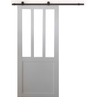 Porte coulissante atelier en enrobe blanc  largeur 83 + rail en acier noir + 2 coquilles posees