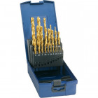 Jeu de forets hélicoïdaux, coffret plastique, acier à coupe rapide, type N, DIN 338, revêtement TiN, Ø h8 : 1,00-10,00 mm, Nombre de forets 19 pièces