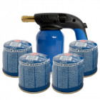 Kit lampe a souder coque acier piezo + 4 cartouches. Bouteille gaz 190g avec sécurité stop gaz.
