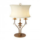 Lampe de table windsor, finition patine dorée, cristal, abat-jour blanc