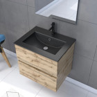 Meuble salle de bain 60x54 - Finition chêne naturel + vasque noire + miroir Led - TIMBER 60 - Pack29 Aurlane - PACM239