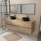 Meuble Salle de Bains 160 TIMBER Décor chêne 4 Tiroirs - Vasques à poser Noires 2 Miroirs 75x55 Aurlane - PACM861